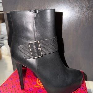Sleek Black High-Heel Ankle Boot with Buckle Strap